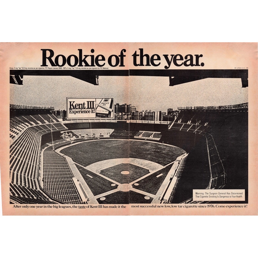Vintage 1981 Kent III Cigarettes Print Ad Rookie of the Year Baseball Stadium